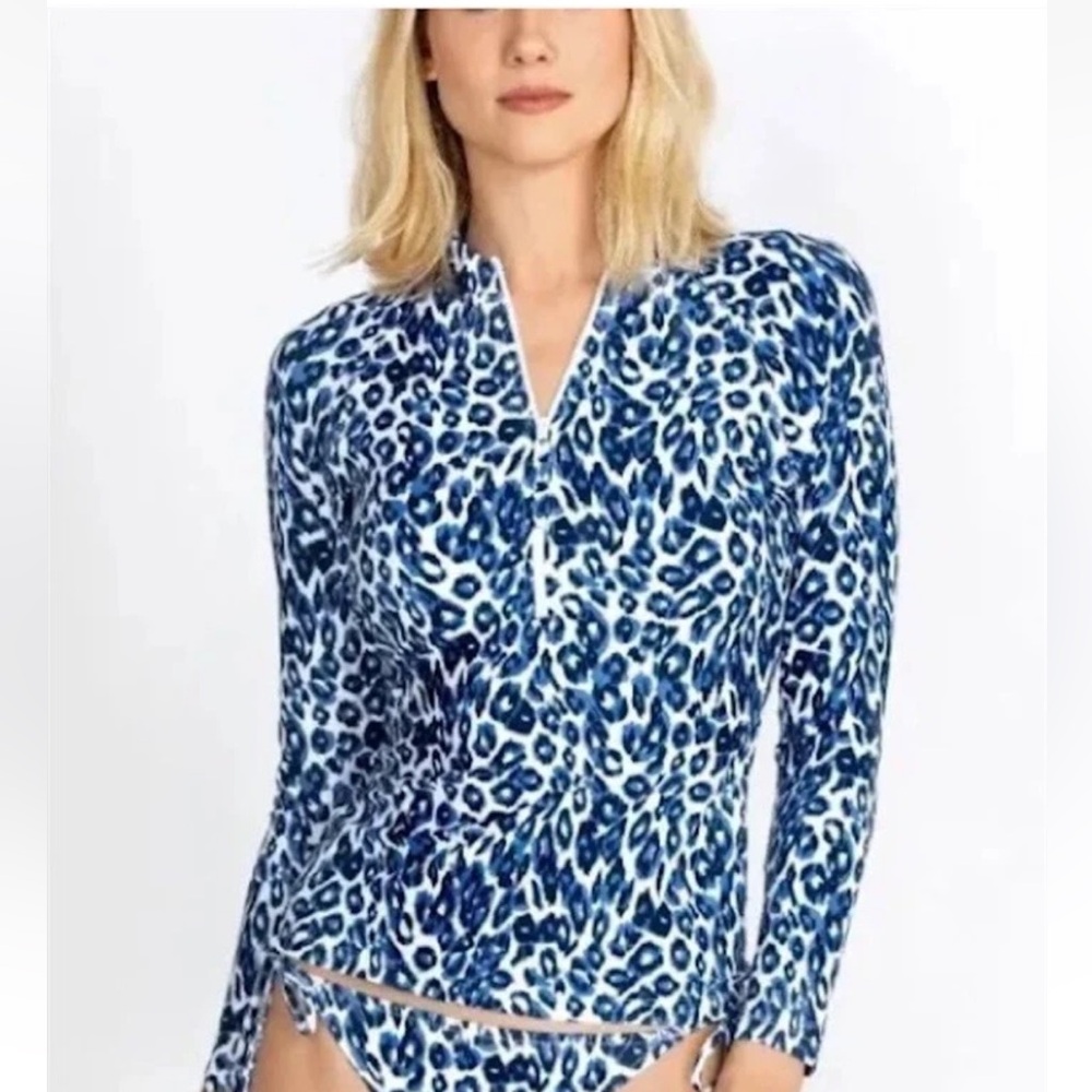 NWOT Calme Johnny Was SM Surf Shirt Blue Cheetah 112337